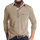 Mens Long Sleeve Polo Shirts Casual Button Moisture Cotton Tees Stylish Tops Golf Shirts with Pocket