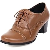 Women's Oxfords Wingtip Lace Up Chunky High Heels Pumps Square Closed Toe Vintage Brogue Dress Shoes