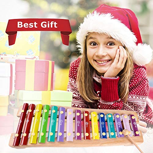 Xylophone 15 Keys Wooden Xylophone for Kids Glockenspiel Xylophone Toy Musical Instruments Preschool Learning Montesssori Toy, Child Safe Mallets, 1 2 3+ Years boy girl toddler Birthday Holiday Gift