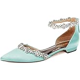 XYD Women Classic Pointed Toe D'Orsay Wedding Flat Sandals Sparkly Rhinestones Ankle Strap Low Heel Dress Shoes with Zipper