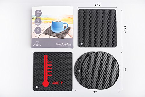 Q's INN Silicone Trivet Mats | Hot Pot Holder | Drying Mat. Our 7 in 1 Multi-Purpose Kitchen Tool is Heat Resistant to 440°F, Non-slip,durable, flexible easy to wash and dry and Contains 4 pcs.