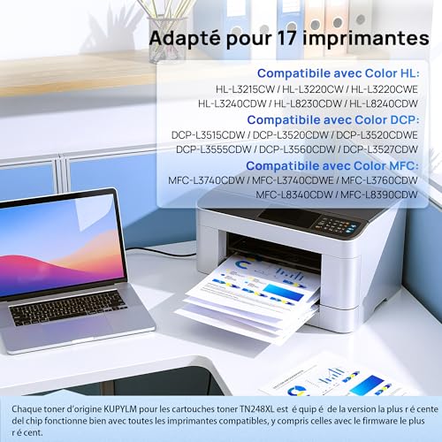 KUPYLM TN248 TN248XL Cartouche de Toner Compatible pour Brother MFC-L3760CDW, MFC-L3740CDW, DCP-L3560CDW, DCP-L3520CDWE, MFC-L3740CDWE (4-Pack, avec Puce)