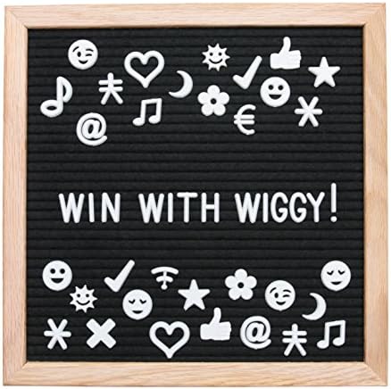 WIGGY Black Felt Letter Board 10x10: 346 White Plastic Letters, Numbers, Symbols and EMOJIS - Premium Wooden Oak Frame - Wall Mount &amp; Stand - Free White Cotton Bag - Versatile and Portable