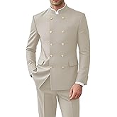 CYANDUSTY Men 2 Pieces Chinese Tunic Suit Mandarin Collar Suits for Men Gold Button Jacket Pant Set Traditional Wedding