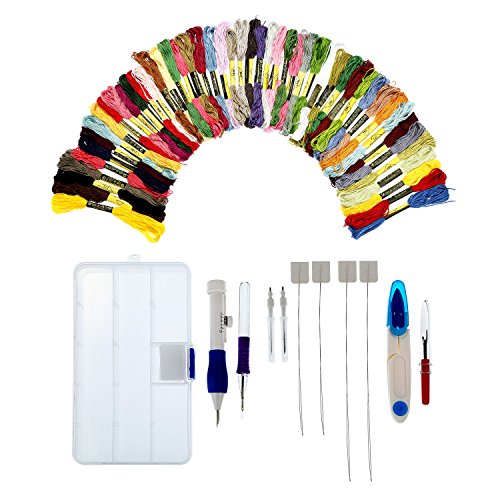 Bememo Embroidery Stitching Punch Needle Set with Storage Box and 50 Colored Cross Stitch Threads with Seam Ripper and Yarn Scissor