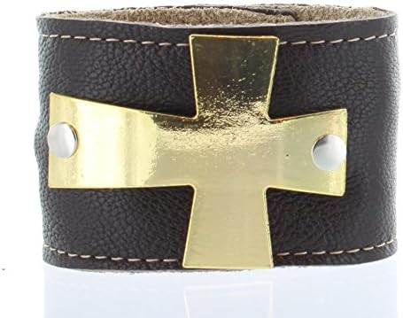 Charlie Biker Bracelet, Men or Womens Leather Bracelet with Secret Hidden Zipper Compartment, Approx 9.5 " Adjustable, Dark Brown Leather with Gold Metal Cross