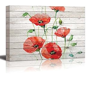 Watercolor Red Poppy Flowers Over Wood Panels - Canvas Art Home Art - 12x18 inches