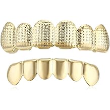 Men's 18K Gold Plated Brass Studded Top And Smooth Bottom Grillz Set Body Jewelry, Yellow, One Size