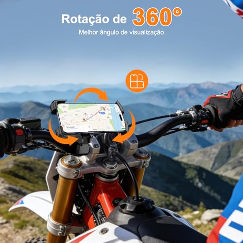 Tobeape Suporte Celular Moto e Bicicletas Antivibração, Universal 10,2–18,3 cm, Fixação Guidão 1,5–4,5 cm, Rotação 360°, Trava Dupla de Segurança, Ideal para iPhone 16 Pro Max e Samsung S24 Ultra