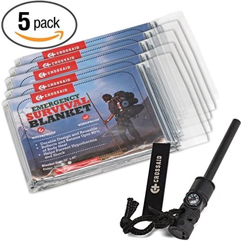 Emergency Survival Blanket Kit - 5 Mylar Thermal Blankets and Magnesium Survival Fire Starter with Compass and Whistle