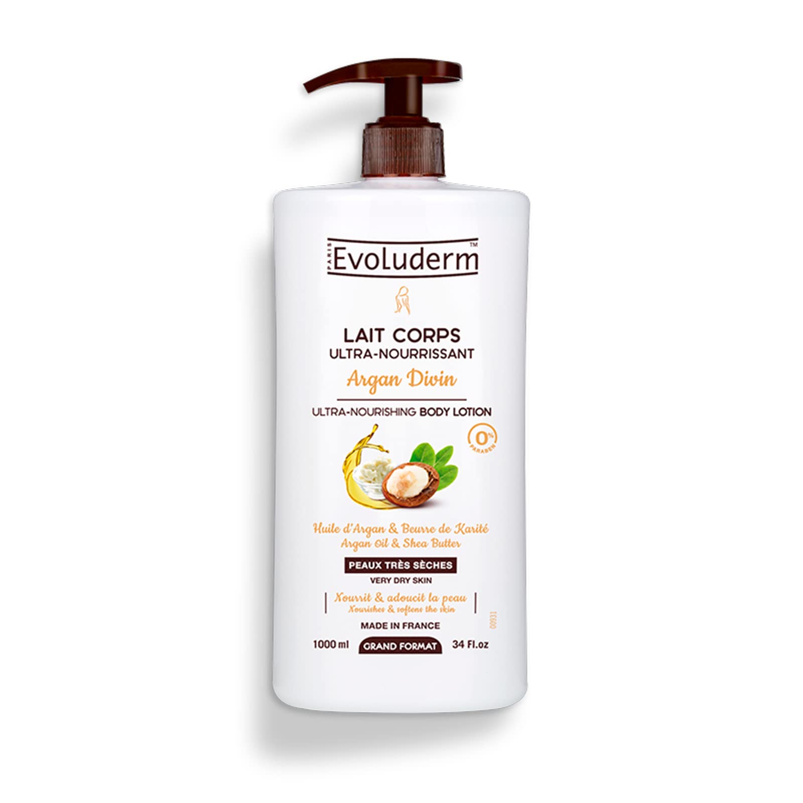 EVOLUDERM - Ultra-Nourishing Body Lotion Divine Argan - 1000ml - Natural Ingredients - Vegan - Made in France