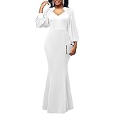 HugeNice Colorful Maxi Dresses for Women Sexy Long Sleeve Deep V Neck Bodycon Floor Length Dress