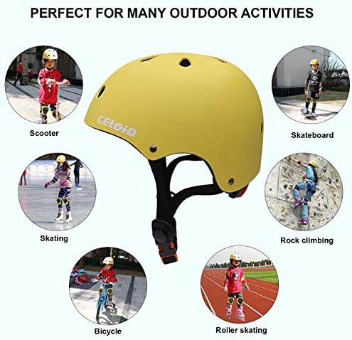 Colorful children's biking gear set including helmets and protective pads.