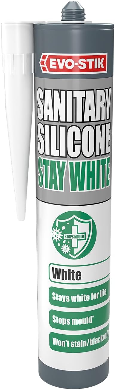 EVO-STIK Stay White Sanitary Silicone 280ml Premium Sealant - Mould Block
