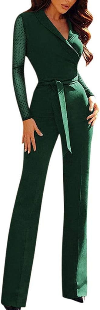Women's Elegant Plunging Neck Long Sleeve Solid Color Party Jumpsuit Romper with Belt