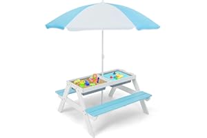 HONEY JOY Kids Picnic Table, 4 in 1 Cedar Wooden Sand & Water Table w/ 2 Removable Box & Umbrella, Kids Picnic Tables for Outdoors Backyard Garden, Toddler Patio Furniture Set for Boys Girls(Blue)