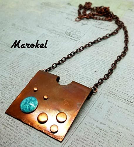 Galaxy Copper Necklace Abstract Square Fire Torched Patina Planets Dots Turquoise
