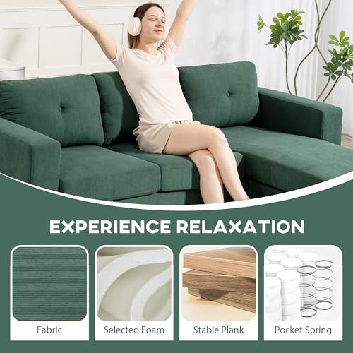 HOMCOM Sectional Sofa with Changeable Chaise Lounge, 3 Seat L-Shaped Sofa with Spring Cushion, Steel Frame, Corduroy Upholstered Couch for Living Room, Small Space, Dark Green