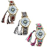 JewelryWe Wholesale Lot of 3 Women Friendship Bracelet Braid Watches with Vintage Feather Dial Mothers Day Gift