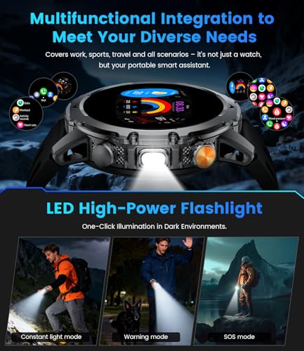 FitVigor Military Smart Watch for Men, 1.53" Fitness Tracker with 1000 mAh Ultra-Long Battery/Flashlight/Bluetooth Calling/Health Monitor / 120+ Sports Modes / IP68 Waterproof for iOS Android, Black