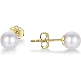 14k Solid Gold Pearl Earrings for Women Freshwater Real Round Pearl Stud Earrings Hypoallergenic with Genuine Cultured Pearls
