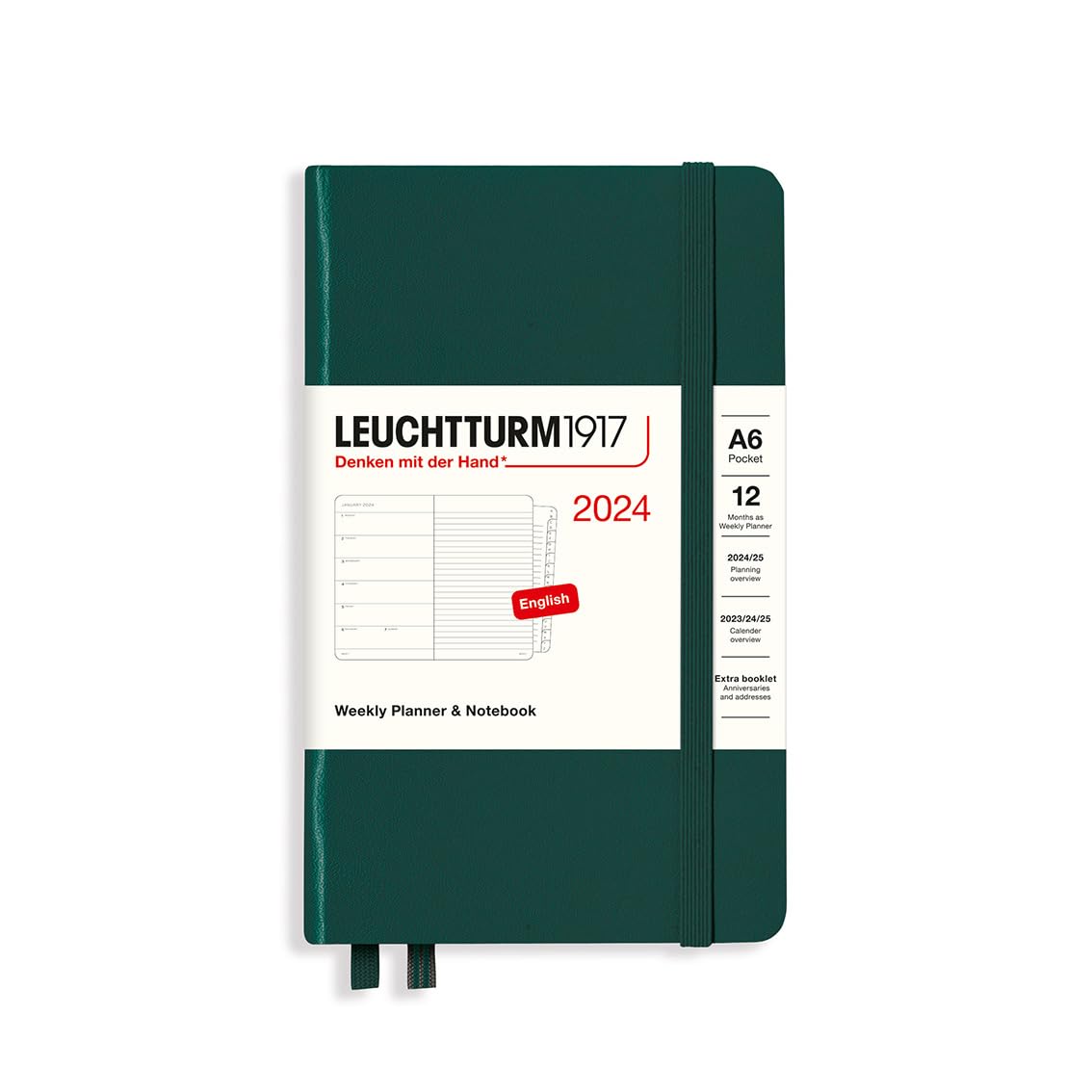 LEUCHTTURM1917 367728 Weekly Calendar & Notebook Pocket (A6) 2024, 12 Months, Forest Green, English