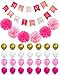 RZSAIDA HAPPY BIRTHDAY BANNER DECORATIONS - Perfect Party Supplies Kit, Hot Pink, Pastel Light Baby Pink, White Gold Foiled Bunting Flag Garland, Tissue Paper Fluffy Flower Pom Poms, Balloons,Girl Boy