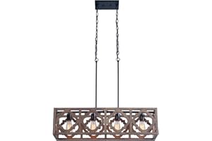 VILUXY Farmhouse Wood Kitchen Island Pendant Lighting Industrial Linear Chandelier for Indoor Kitchen Island Dining Living Room Foyer 4-Light