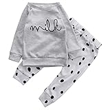 Baby Boy Girl 2pcs Set Outfit Milk Print Long Sleeve Top+Dot Pattern Long Pants (6-12months, Gray)
