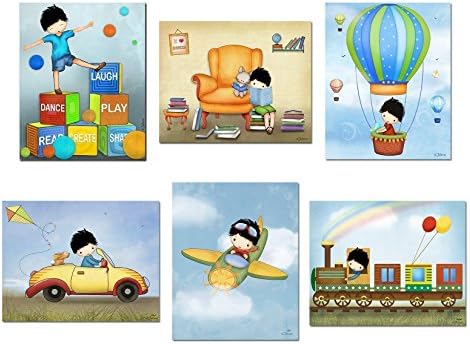 Children's Room Decor Personalized Boys Posters Airplane Car Hot Air Balloon Train Unframed Art Prints 8x10/11x14 Set of 6 Custom Hair and Skin Color