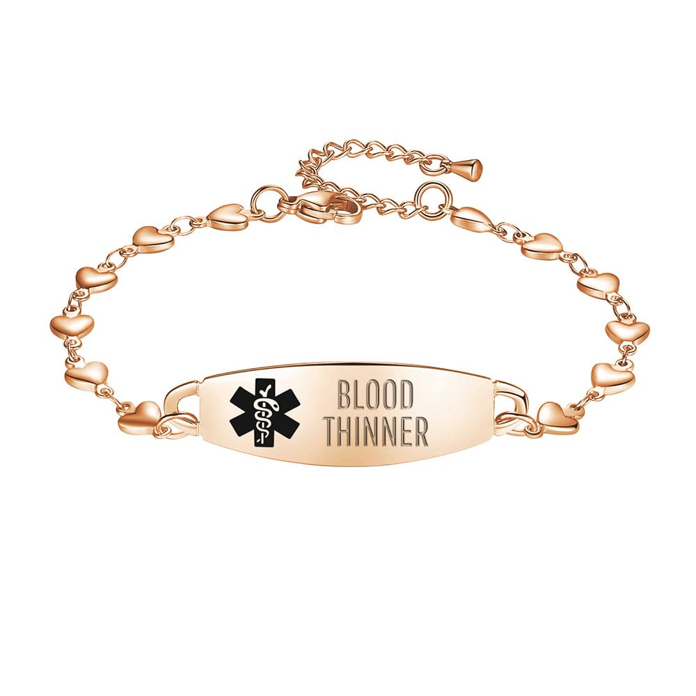LinnaLove Heart Medical alert bracelet for Women Fashion Medical ID Jewelry 7-8.5 inches adjustable-Rose gold-blood thinner