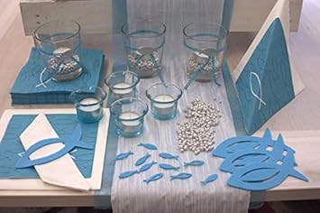 Ihr Tischdekoration Kommunion Konfirmation Fur 20 Personen Blau Turkis Fische Amazon De Kuche Haushalt Wohnen Konfirmation Deko Blau