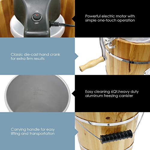 Elite Gourmet EIM-506 6 quart Old-Fashioned Ice Cream Maker with electric motor and hand crank, maple - Thumbnail 4