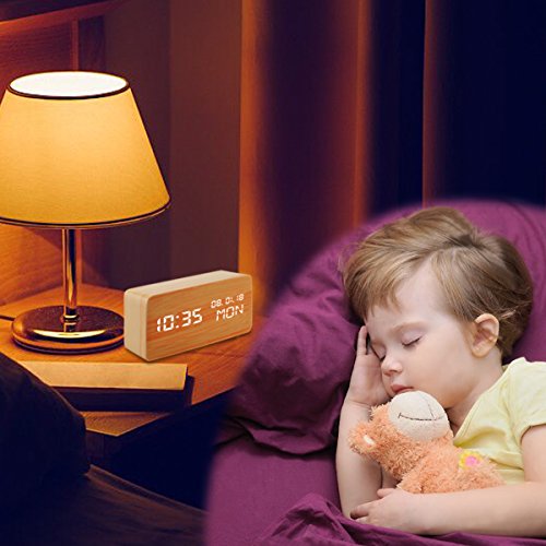 Digital Alarm Clock, Wooden Loud Alarm Clock Led Display, Voice Control