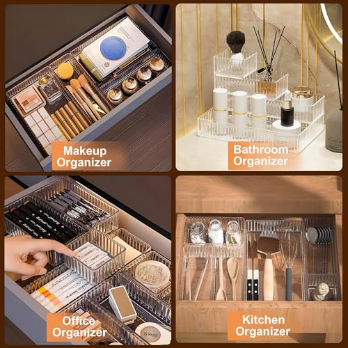 Uniiking® 7 PCS Clear Drawer Organizer Bins, 4-Size Stackable Makeup and Vanity Makeup Organizer Trays, Acrylic Bathroom Drawer Storage Containers for Cosmetic, Office Supply