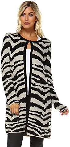 Women's Cardigan Sweater Black Gray Eggshell Open Front Long Sleeve Animal Print ... (Medium)