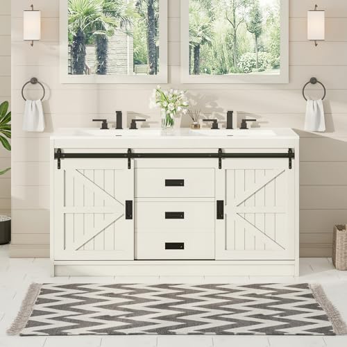 Jocisland Double Farmhouse Bathroom Vanity with Sink, 61in Sliding Barn Door Bathroom Storage Cabinet with Sliding Doors & Drawers, Dual Basin, Large Double Bath Vanity Sink Combo, White