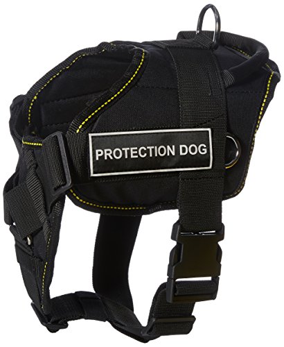 Dean & Tyler Fun Works Protection Dog Harness with Padded Chest Piece, Medium, Fits Girth Size: 28-Inch to 34-Inch, Black with Yellow Trim