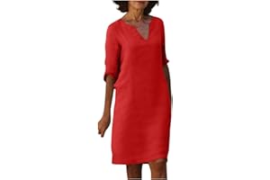 GENERIC Linen Dress Women 2024, Casual Summer 3/4 Sleeve V Neck A Line Knee Length Dress Midi Shirt Cruise Beach Vacation Sun Dresses