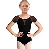 Tegmk Girls Mesh Short Sleeve Dance Leotard for Ballet, Full front lining, V-Shape Front