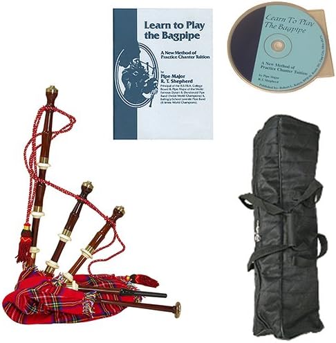 Roosebeck Miniature Sheesham Chalice Style Bagpipe with Red Tartan Cover Deluxe Package w/Gig Bag, Book and CD