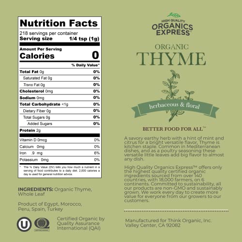 HQOExpress Organic Thyme Leaf Non GMO, Kosher, USDA Certified Organic Dried Thyme Leaves