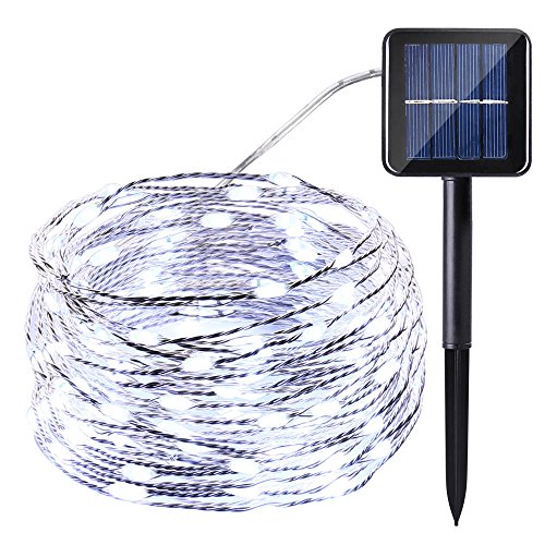 Icicle Solar Fairy Lights, 33ft 100LED Light Sensor Control Flexible Copper Wire Waterproof Decorative Light for Garden, Lawn, Pergola, Backyard, Bush, Gazebo, Porch, Holiday Decorations (White)