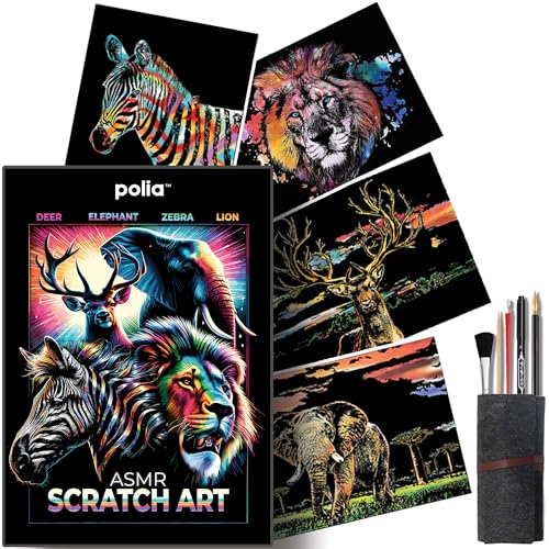 Polia ASMR Glitter Scratch Art Set (Satisfying) 5-Pack Canvas (4 Animals, 1 Freestyle, 1 Toolkit) - Art Supplies, Tools & Repair Pen - Large 16x11 inches - Relaxing Etch Sound Art Kit