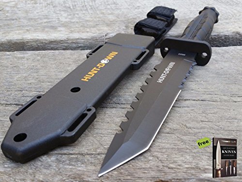 13" Black GRENADE STYLE Handle Hunting Knife with Sheath 7" Tanto Carbon Steel Razor Sharp Blade Sawtooth + Free eBook by SURVIVAL STEEL