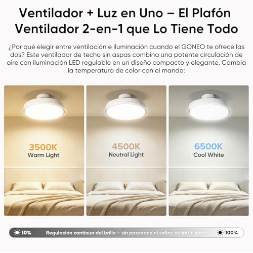 GONEO Ventilador de Techo sin Aspas con Luz LED, Silencioso,24,5 cm Ultrafino, Empotrado,Regulable 3000–6500K, 60W,6 Velocidades, Mando Temporizador, Dormitorio Niños Oficina | Techo Bajo Piso Pequeño