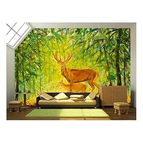Original Oil Painting of Deer with a Small Deer in The Autumn Forest on Canvas - Removable Wall Mural | Self-Adhesive Large Wallpaper - 66x96 inches