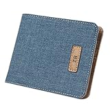 ZH Men's Canvas Leather Wallet Small Jeans Style Bifold Card Holder Billfold with ID Window Blue
