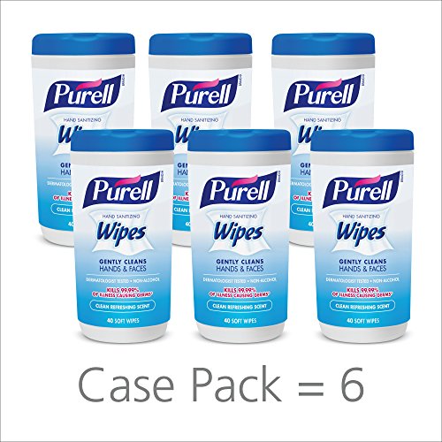 PURELL Hand and Face Sanitizing Wipes -  Clean Refreshing Scent Non-Alcohol Wipes, 40 Count Canisters (Case of 6) - 9120-06-CMR