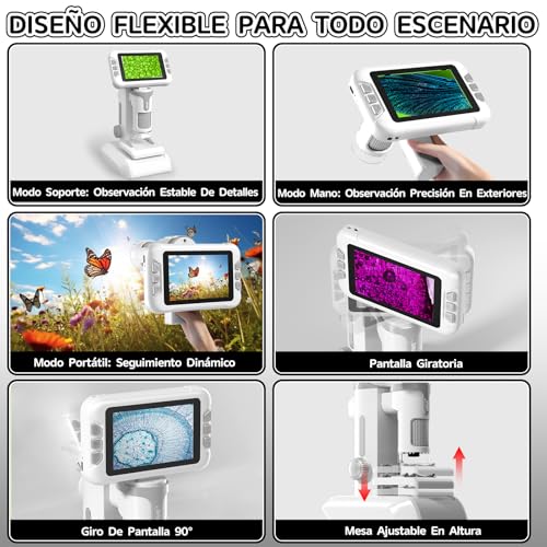 Charmofun Kids Microscope, Portable Kids Microscope with 64G Memory Card, Children's Digital Microscopes with 4" LCD Screen, 1600X Magnification, Photos and Videos, Portable and Fixed Function